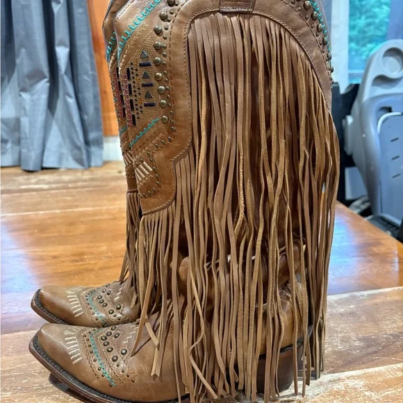 Brown Fringe Western Heeled Boots - Women's Fashion Boot - Picture 2 of 5
